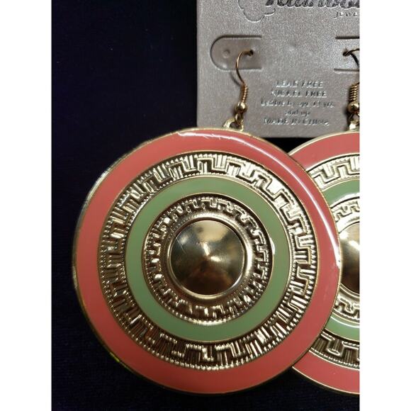 Rainbow Brand BOHO Style Earrings, Very Large, Gold Tone, Pink & Green, NWT - Picture 2 of 7